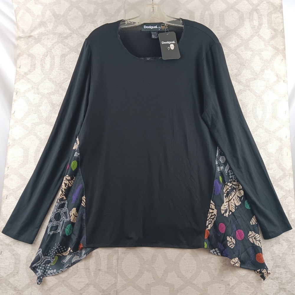 Desigual Womens US Large EUR XL Black Long Sleeve Abstract Print Tunic Top